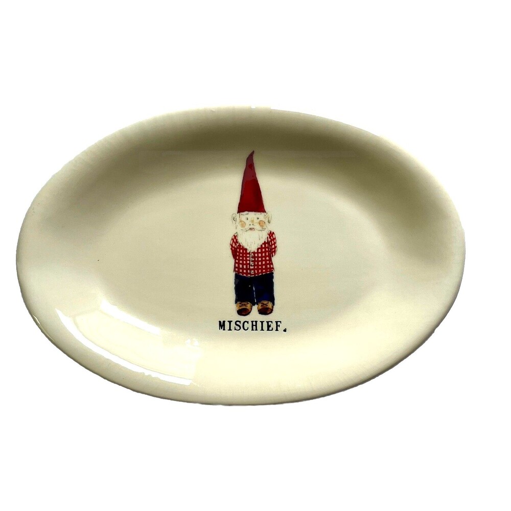 Rae Dunn Gnome Mischief Ceramic Oval Snack Plate Dish Cottage Whimsy Decor